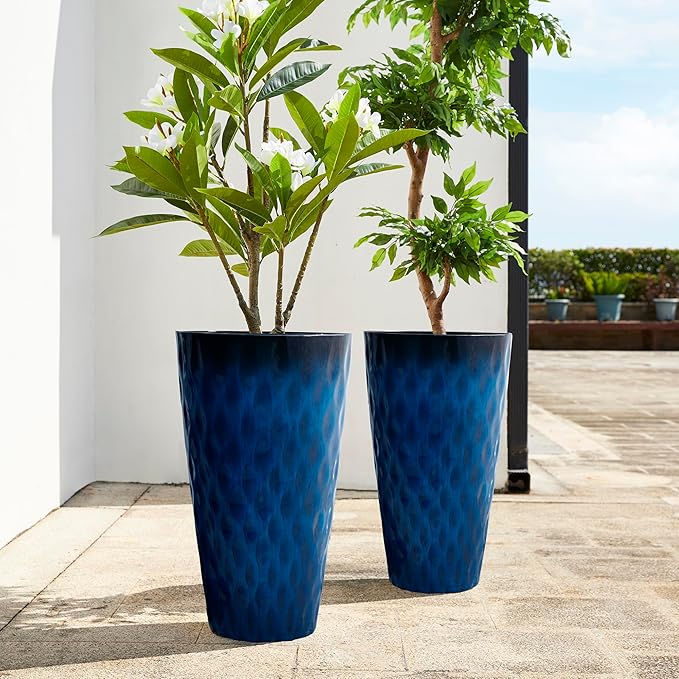 Glitzhome 23.75" H Tall Outdoor Planter, Set of 2 Wavy Texture Cobalt Blue Large Outdoor Planters, with Drainage Hole, Plastic Large Round Decorative Flower Plant Pot for Front Porch, Indoor