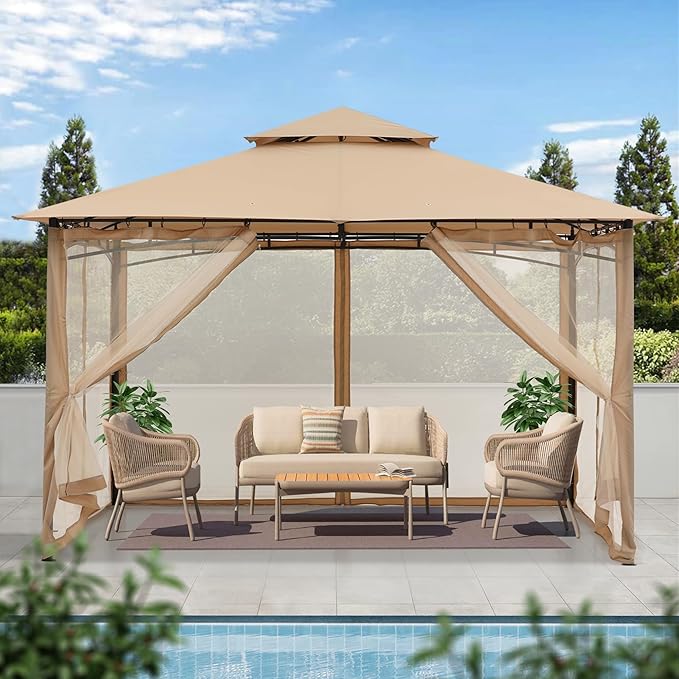 MASTERCANOPY Outdoor Garden Gazebo for Patios with Stable Steel Frame and Netting Walls (10x12,Beige)