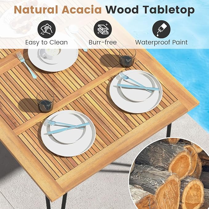 Tangkula 63" Large Patio Dining Table for 6, Acacia Wood 6-Person Dining Table with 2" Umbrella Hole & Metal Legs & Adjustable Foot Pads, Rectangular Outside Table for Garden, Poolside & Backyard
