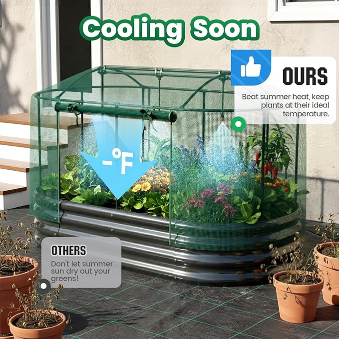Quictent Galvanized Raised Garden Bed Kit with Self Watering System and Mesh Cover, Large Oval Metal Outdoor Planter Garden Boxes for Vegetables Herbs Flowers, 6x3x1Ft