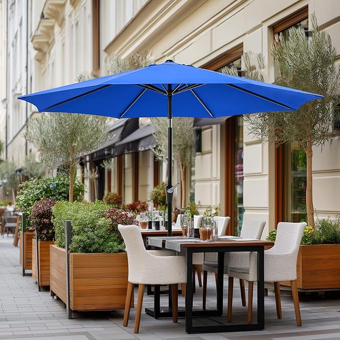 OLIXIS 9ft Patio Umbrella with Tilt and Crank Button & 8 Sturdy Ribs Waterproof, Patio Table Umbrella Perfect for Poolside, Terrace, Beach and Outdoor Restaurant, Blue