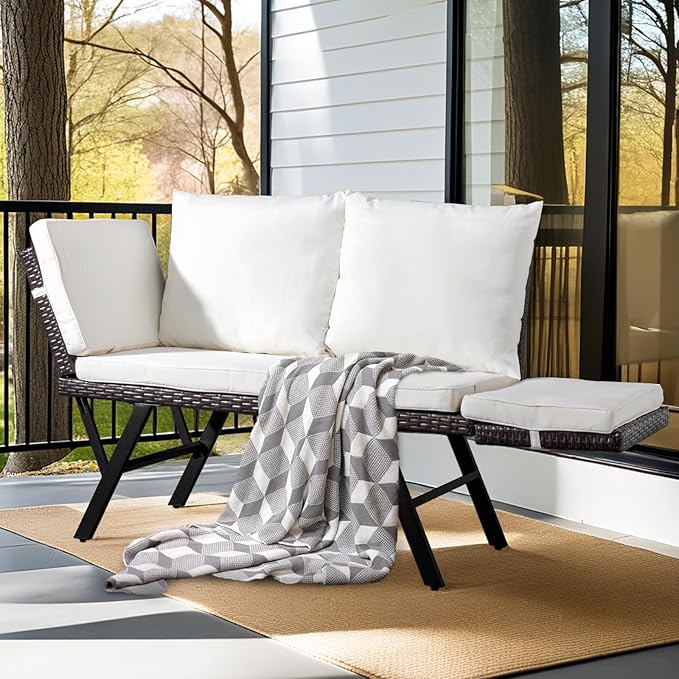 VINGLI Outdoor Loveseat, Woven Rattan Outdoor Sofa with Adjustable Armrests, Patio Loveseat with Removable Cushions and Pillows, Convertible Patio Couch for Yard Pool Balcony