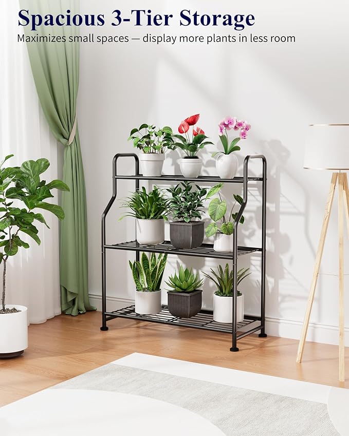 Kitsure Plant Stand Indoor & Outdoor - 3-Tier Metal Plant Shelf with Adjustable Leveling Feet, Easy to Assemble Planter Stand for Patio, Balcony, or Garden (Black, 27" x 11.4" x 29.3")