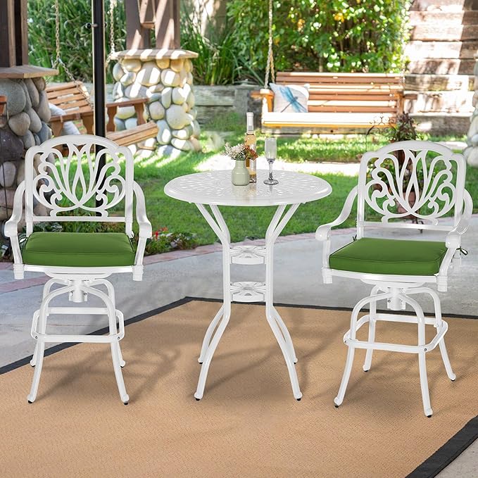 VIVIJASON 3-Piece Patio Swivel Bar Stools Set, All Weather Cast Aluminum Outdoor Bar Height Bistro Set with 2 Cushioned Bar Chairs & 31" High Bar Table w/Umbrella Hole for Backyard, Lawn, White