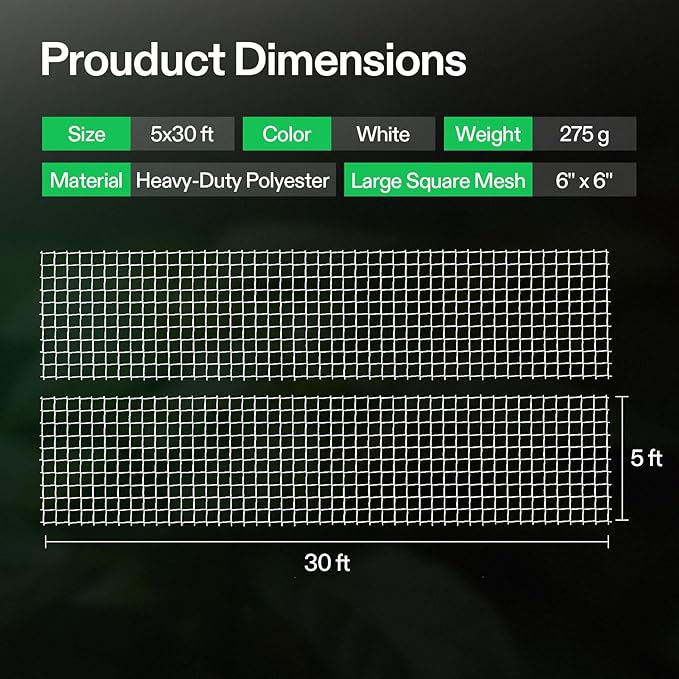 VIVOSUN 5 x 30 ft. Plant Trellis Netting, Heavy-Duty Polyester Grow Net, Garden Trellis Netting with Square Mesh for Climbing Plants, Vegetables, Fruits, and Flowers, 4-Pack
