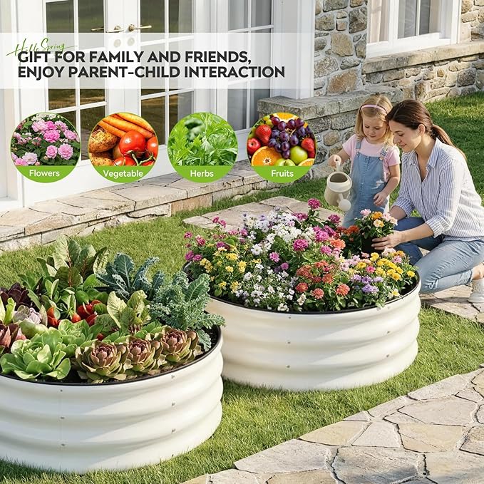 ZORMY Galvanized Raised Garden Bed Outdoor, Round Metal Planter Boxes 2 Pcs, 3x3x1ft Steel Raised Bed Kit for Planting Vegetables, Fruits, Flowers(White)