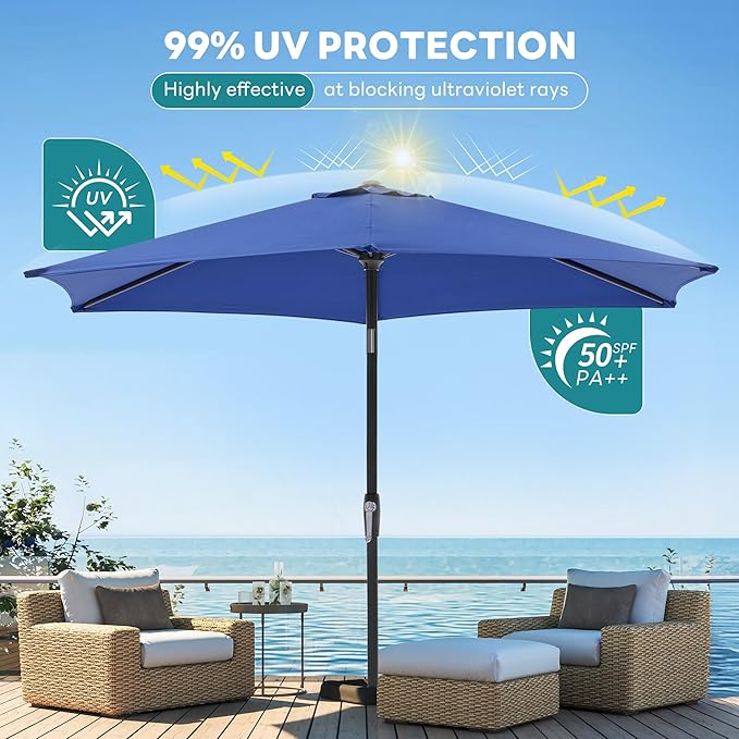 OLIXIS 7.5ft Patio Umbrella with Tilt and Crank Button & 8 Sturdy Ribs Waterproof, Patio Table Umbrella Perfect for Poolside, Terrace, Beach and Outdoor Restaurant, Blue