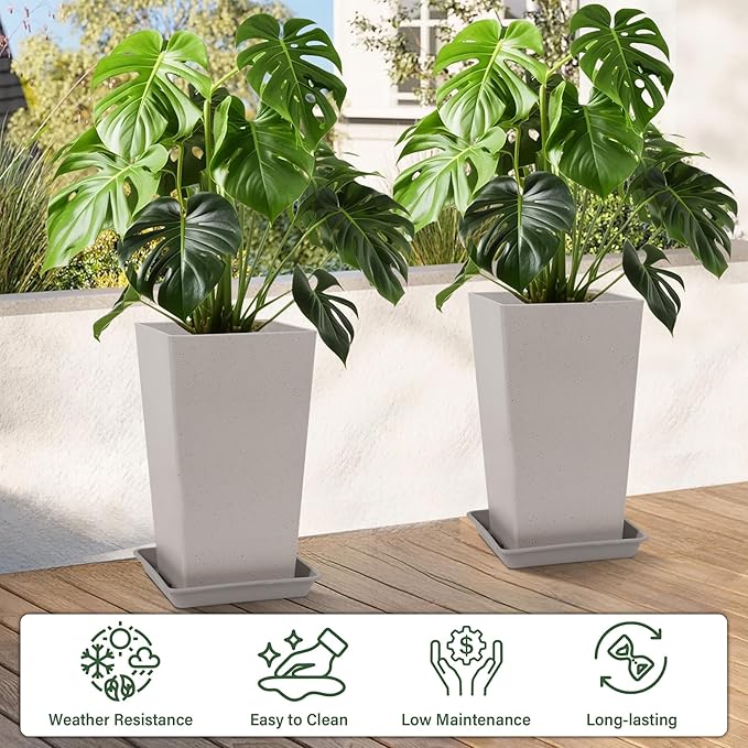 Set of 2 Tall Planter, 21 inch Large Plastic Planter with Drain Hole & Saucers, Large Outdoor Planters for Porch, Garden, Patio, Balcony(Light Gray)