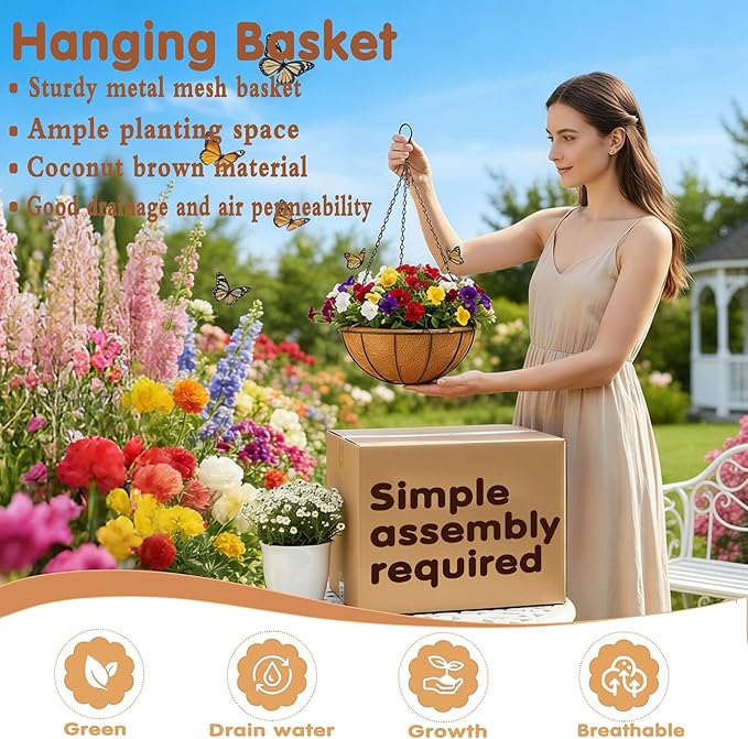 Metal 10 inch Round Planter, 4 Pack Hanging Wire Basket with Coco Fiber Liners, for Outdoor Plants Decoration