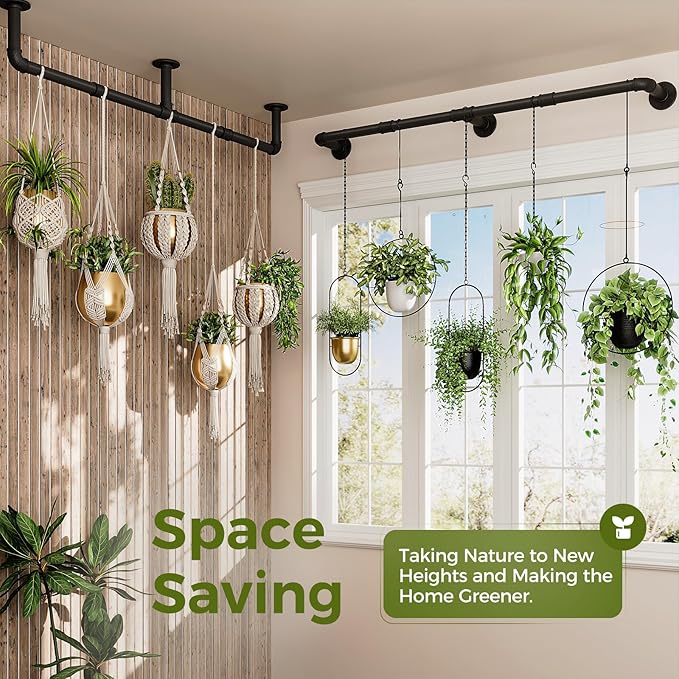 Bamworld Window Plant Hanger Indoor 63in 2PCS Hanging Planters for Indoor Plants Hanging Plants Holder Hanging Rod Window Plant Shelves Wall Planters Pot/Chain/Plant Not Included (Black)