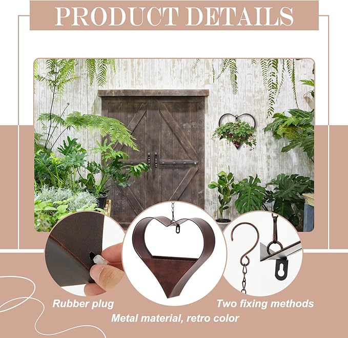 2 Pack Metal Plant Hangers Indoor and Outdoor Rustic Heart Shape Hanging Planters Holder Detachable Flower Pot with Hooks Chains Drain Hole Gifts for Valentine Women Mom Garden Lover Home Decor