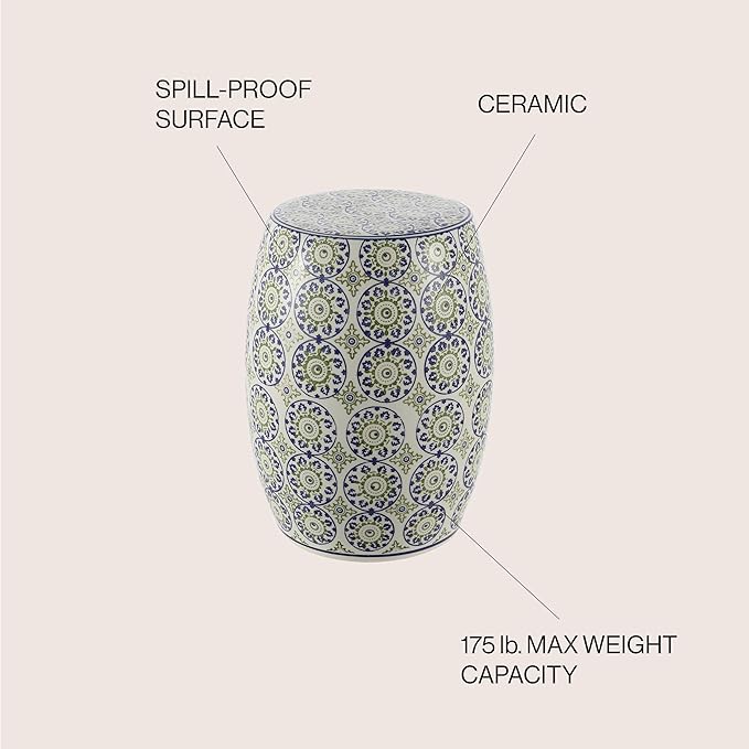 JONATHAN Y TBL1025A Lula 17.25" Suzani Ceramic Indoor/Outdoor Garden Stool, Blue/Green, Classic, Coastal, Bohemian, Traditional, Mediterranean, Cottage for Living Room, Garden, Outdoor, Home