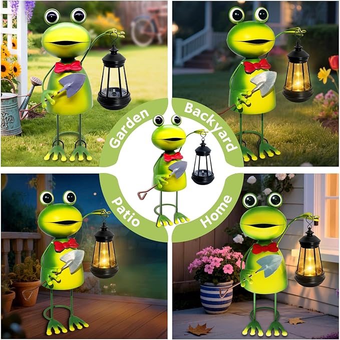 Solar Garden Lights Frog Statue,13.78in Tall Frog with Lantern Waterproof, Birthday Gifts for Women Mom Grandma, Big Metal Frog Stakes Decorative for Home Front Patio Balcony Yard Art Lawn