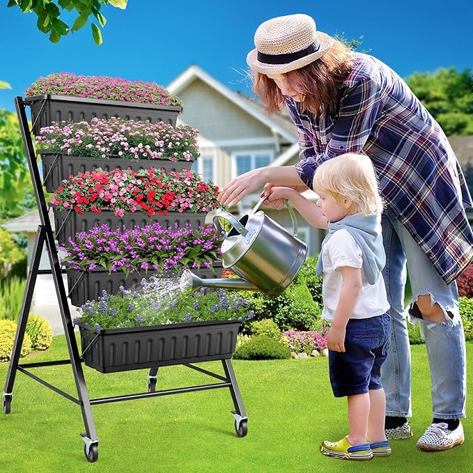 Suyncll Vertical Raised Garden Bed Planter Box, 5 Tiers Vertical Garden Planter with Drainage System and 4 Hooks for Plants Vegetables Flowers (Black with Wheels)