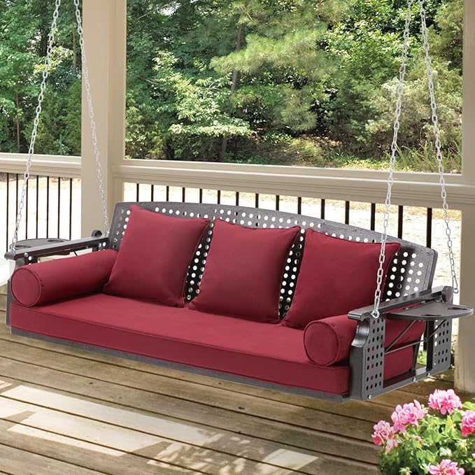 3 Seat Porch Swing, Patio Swing Bench with Cup Holders & 3 Back Cushions, Swing Chair with Chains for Deck Garden Backyard,Red
