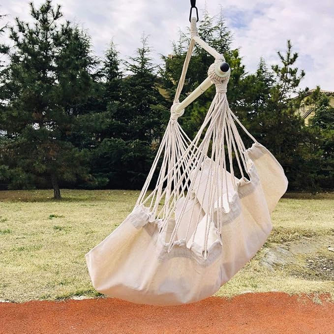 Highwild Hammock Chair Hanging Rope Swing - Max 500 Lbs - Steel Spreader Bar with Anti-Slip Rings - for Any Indoor or Outdoor Spaces (Beige)