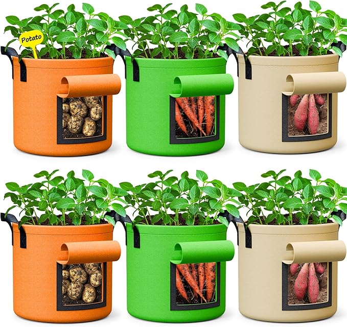 10 Gallon Potato Grow Bags - 6 Pack 350g Heavy Duty Thick Aeration Nonwoven Fabric Pots with Handles, Potatoes Grow Bags 10 Gal with Flap, Garden Bags for Growing Potatoes Plant Vegetables Flower