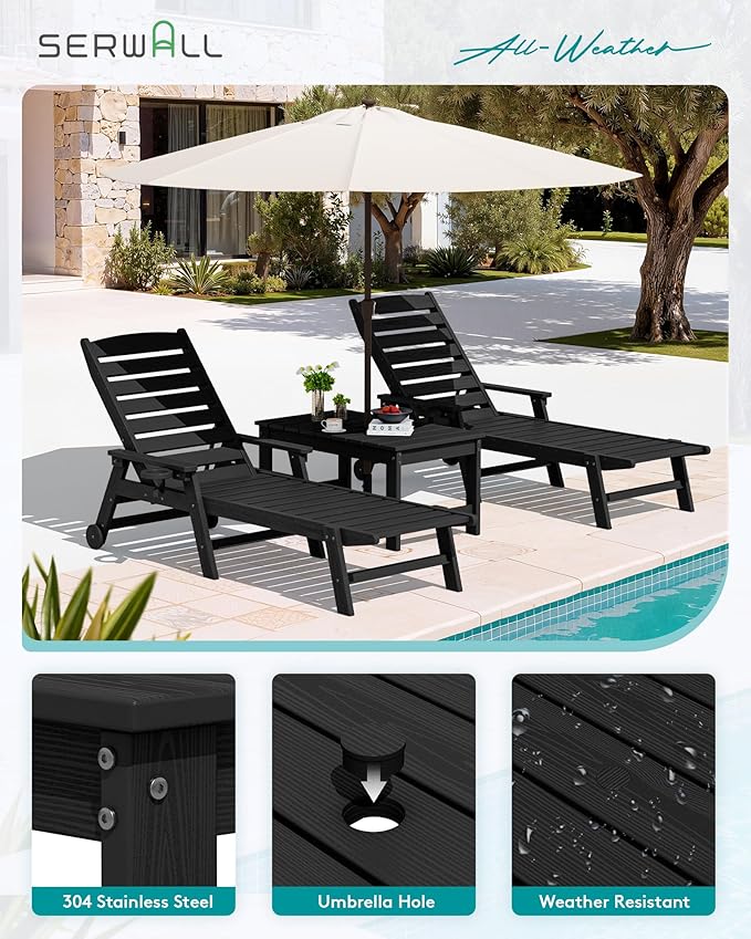 SERWALL Outdoor Coffee Table with 9FT Umbrella, HDPE Patio Coffee Table for Outside, Rectangle, Black(Not Include Umbrella Base)