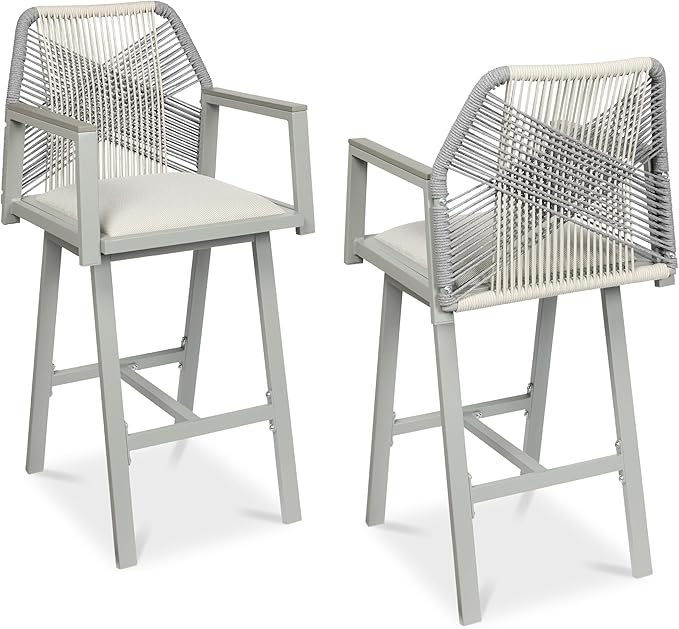 Best Choice Products Outdoor Bar Stools Set of 2, Bar Height, 360° Swivel Aluminum Frame, All-Weather Woven Rope Chair Design w/Armrests - Gray/Meteor