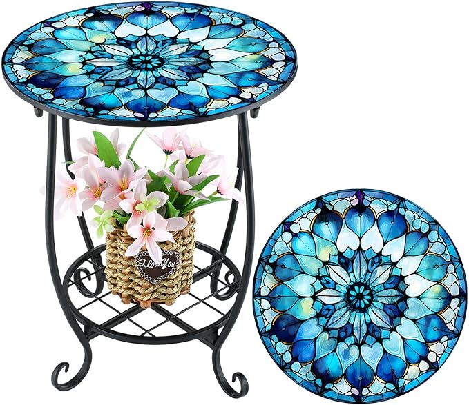 Outdoor Side Table Round Small Mosaic Patio Accent Indoor End Plant Coffee Tea Table for Yard Patio Porch Garden Living Room, Bedroom(Mandala Style,16 Inch)