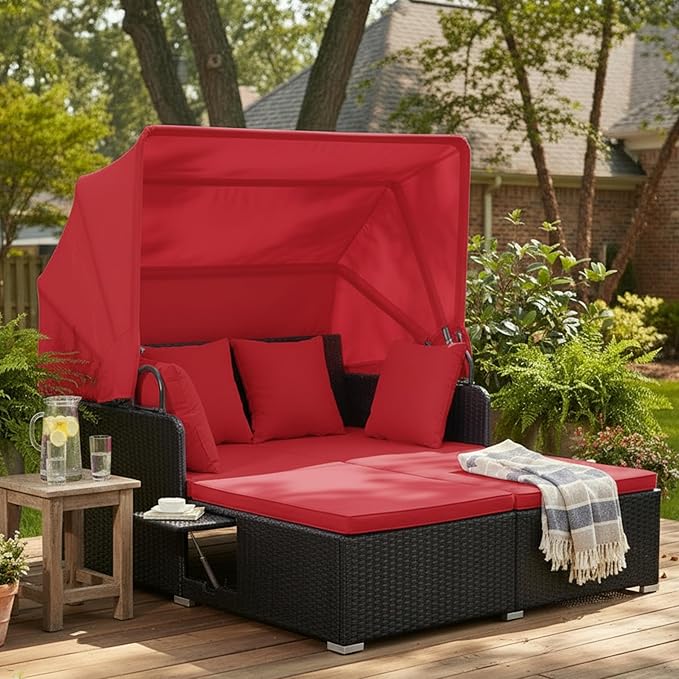 Tangkula Patio Rattan Daybed with Retractable Canopy, Outdoor Wicker Sunbed Lounger with 2 Foldable Side Tables, Thick Seat & Back Cushions, Outside Double Daybed for Garden, Backyard, Porch, Red