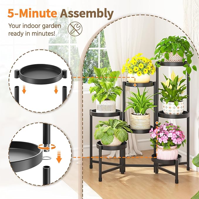 LASZOLA 7 Tiered Folding Tall Plant Stand Indoor for Multiple Large Planter, Heavy Duty Metal Adjustable Flower Rack for Narrow Corner, Sturdy Vertical Spiral Shelving Holder for Modern House, Black