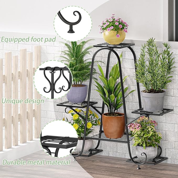 Plant Stand Indoor Outdoor Shelf Metal Holder Pot Rack Multiple Plants Stand Tall 6 Pot Flower Shelf Corner Living Room Garden,Black (Black, 6 Pots)