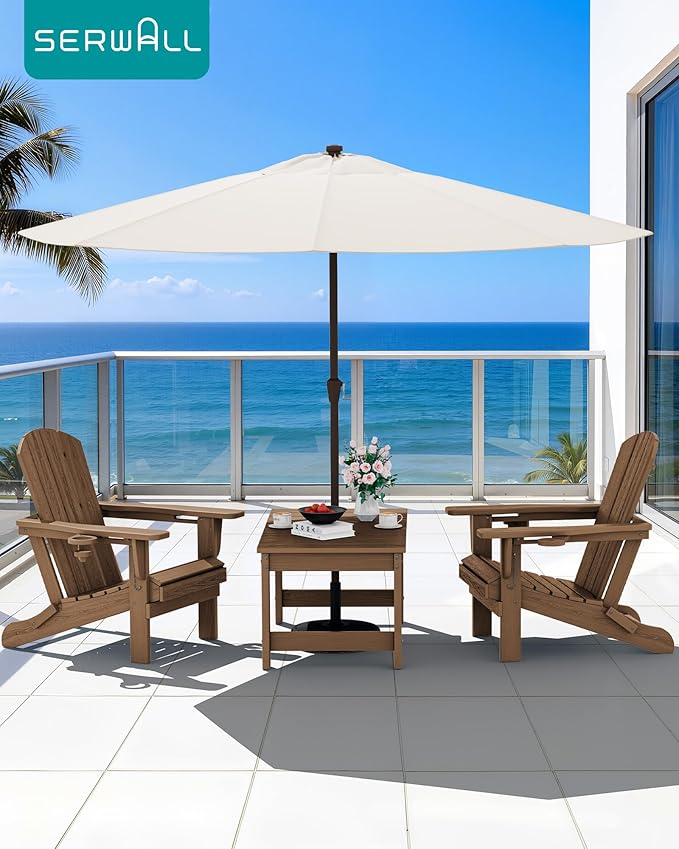 SERWALL Outdoor Coffee Table with 9FT Umbrella, HDPE Patio Coffee Table for Outside, Rectangle, Brown(Not Include Umbrella Base)
