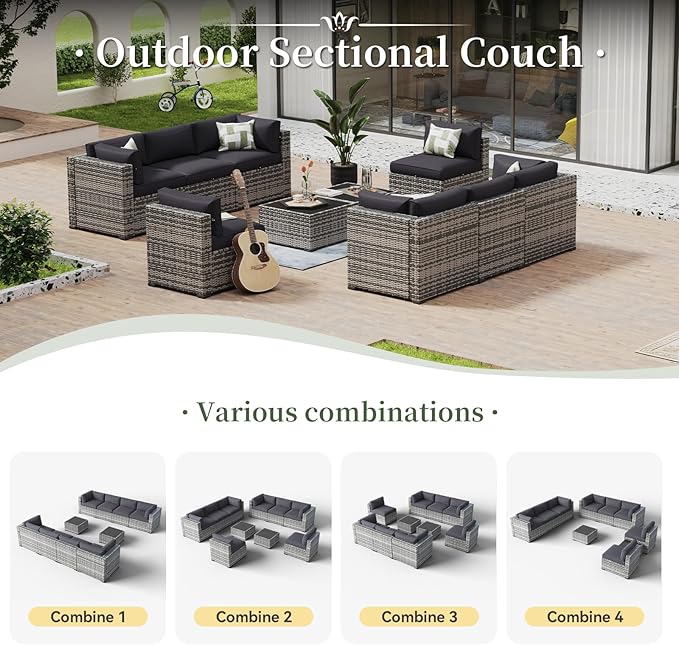 Aoxun 10 Piece Patio Furniture Set Wicker Rattan Patio Conversation Set Outdoor Sectional Sofa Set with Coffee Table and Thickened Cushions, Gray/Black(Waterproof Cover Included)