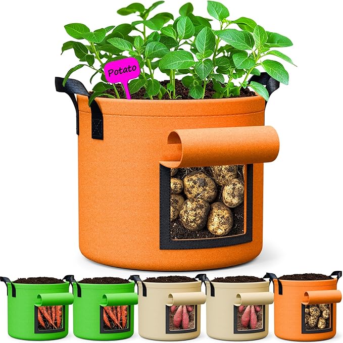 7 Gallon Potato Grow Bags - 6 Pack 350g Heavy Duty Thick Aeration Nonwoven Fabric Pots with Handles, Potatoes Grow Bags 7 Gal with Flap, Garden Bags for Growing Potatoes Plant Vegetables Flower