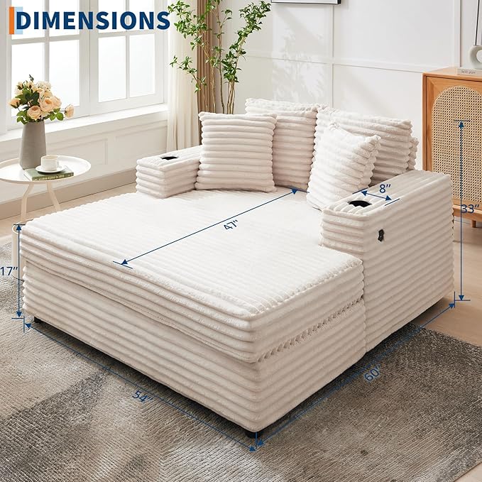 GarveeHome 60-inchOversized Chaise Lounge Chair Indoor, Comfy Corduroy Lounge Sofa with Charging Station, Cup Holders & Throw Pillows, Cozy Sleeper Couch for Living Room Apartments, Beige