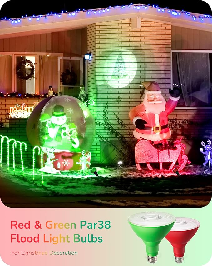 EDISHINE St.Patrick's Day/Easter Decorations PAR38 Red & Green LED Flood Light Bulbs Outdoor, Dimmable LED Light Bulb, 18W(120W Equivalent), Outdoor Weatherproof Light Bulb, E26 Base, 4 Pack