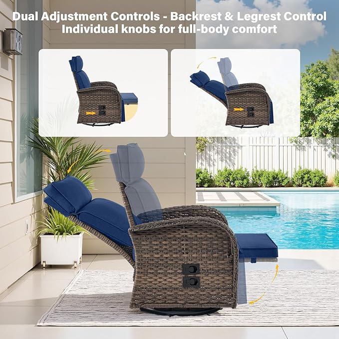 Belord 5 Piece Wicker Patio Furniture Set with 30" Propane Fire Pit Table, Outdoor Swivel Recliner Chairs with Adjustable Backrest & Footrest for Patio Conversation and Backyard Gathering