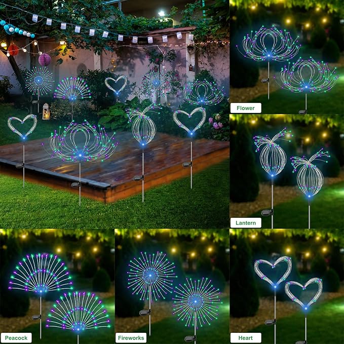 Solar Garden Lights Outdoor Waterproof, 2 Pack 120 LED Solar Firework Lights Decorative Garden Décor Outside for Flowerbed Pathway Party Halloween Christmas Decorations, Green + Purple