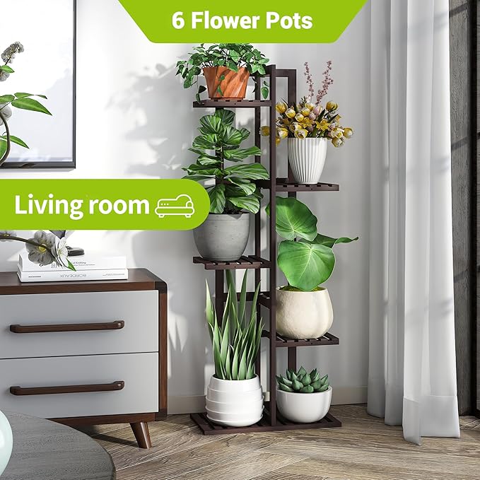 BMOSU Bamboo Plant Stand for Indoor Outdoor Plants Corner Tall Plant Shelf 6 Potted Holder Shelf Plant Rack Holder Display Rack(Brown)