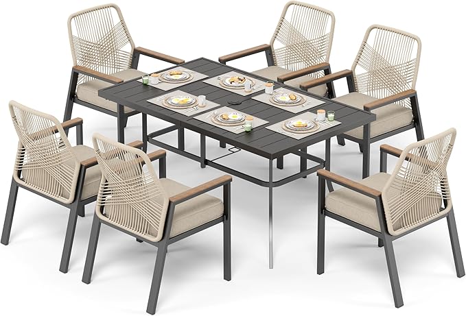 7 Pieces Patio Dining Set, 6 x Woven Rattan Chairs with Waterproof Cushion, 59" Rectangular Metal Dining Table with Umbrella Hole, Outdoor Table and Chairs Set for Backyard Lawn and Deck, Beige