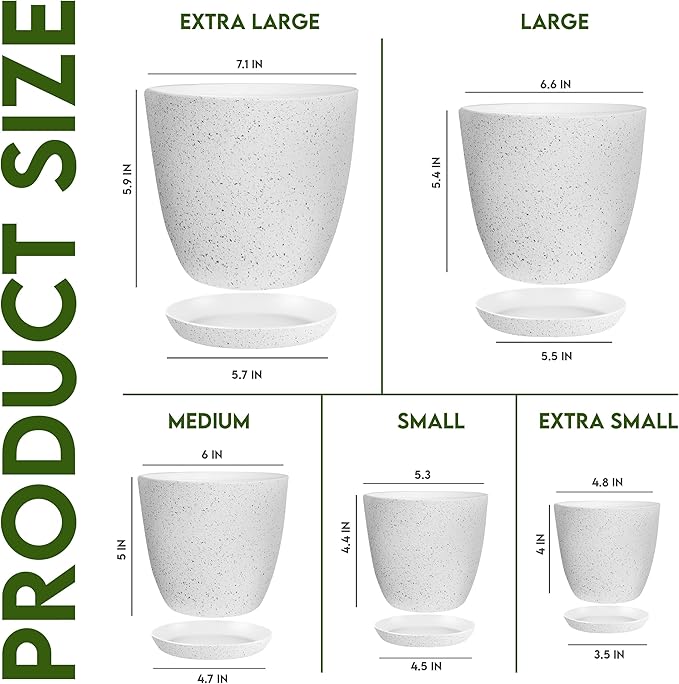 Utopia Home - Spotty Plant Pots Indoor with Drainage - 7/6.6/6/5.3/4.8 Inches Flower Pots - 5 Pack Plastic Planters - Ideal for Stocking Stuffers - (Speckled Grey, Pack of 5)
