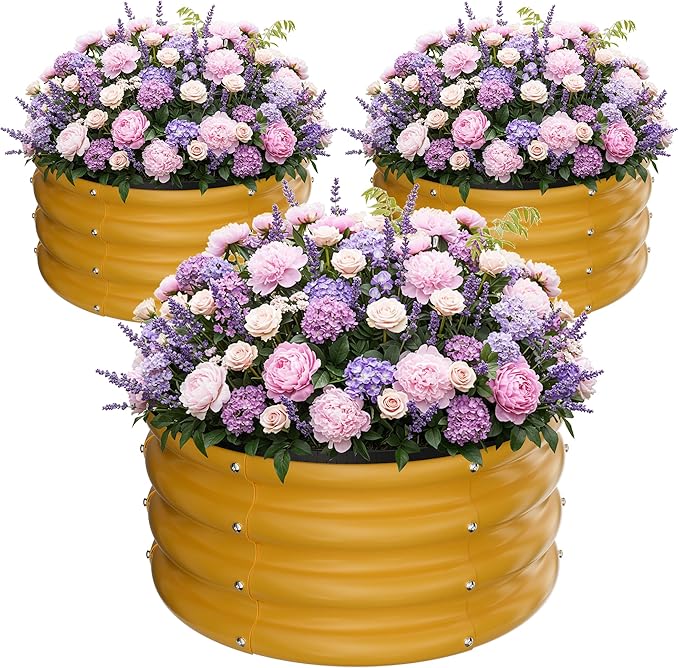 ZXZYHFTY Round Galvanized Raised Garden Bed kit,Yellow Outdoor Garden Raised Planter Box, Round Large Metal Raised Garden Beds for Vegetable 2 * 2 * 1ft 3 Pcs