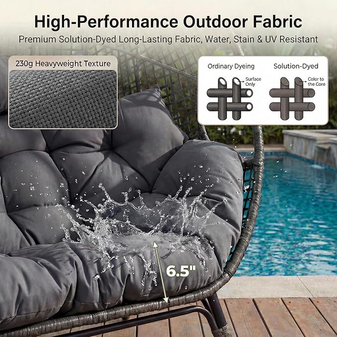 NICESOUL Luxury Double Egg Chair with Footrest & Cushions, Two Person Wicker Eggshell Chair Large with Ottoman, 2 Person Loveseat Comfort Deep Seating for Interiors Exteriors Balcony Dark Gray