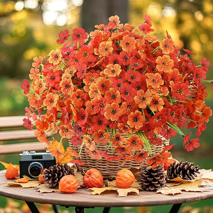 MACTING 24 Bundles Artificial Fall Flowers for Outdoors Faux Mums Outdoor Plants UV Resistant Fake Silk Flowers for Planters Patio Garden Porch Indoor Outside Autumn Thanksgiving Decor,Orange & Red