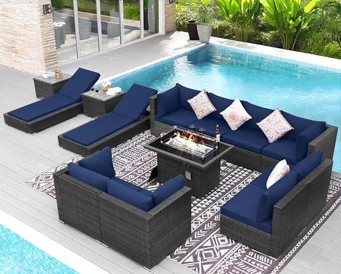 NICESOUL 13 Piece Outdoor Patio Furniture Set with Fire Pit, Extra Large 29.3'' High Back Patio Sofa Set w/Lounges, Oversized Wicker Outdoor Sectional with Fire Pit for Deck, Lawn, Yard, Gray & Navy