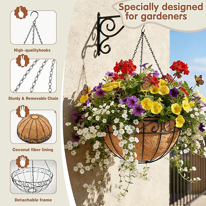 12 inch Metal Hanging Baskets For Plants Outdoor 4 Pack Round Metal Wire Hanging Basket Planter with Coco Fiber Liners Chain Round Wire Plant Holder for Garden, Patio, Deck, Porch Plants Flower Potss