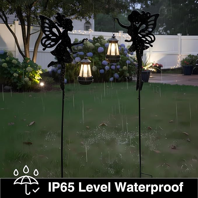 Solar Fairy Garden Accessories Outdoor 1 Pair - Metal Stakes Decorative Figurines Housewarming Ornament for Patio, Lawn, Yard, Pathway - Unique Gift Ideas for Gardening Mom Grandma (Warm Lighting)
