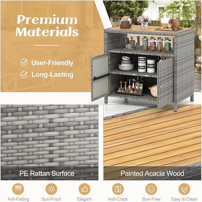 Tangkula Rattan Outdoor Storage Cabinet, Patiojoy Outdoor Cabinet with Acacia Wood Countertop, Open Compartment, 2-Door Wicker Sideboard, Outdoor Bar for Patio Garden Backyard Poolside (Mix Grey)