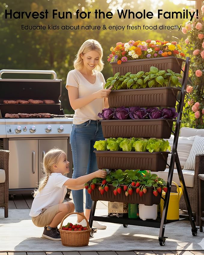 5-Tier Vertical Garden Bed Planter Boxes with Wheels, Drainage System & Storage Space, Mobile Vertical Garden Planter with 5 S-Hooks for Plants Vegetables Flowers Herbs in Garden Patio Yard