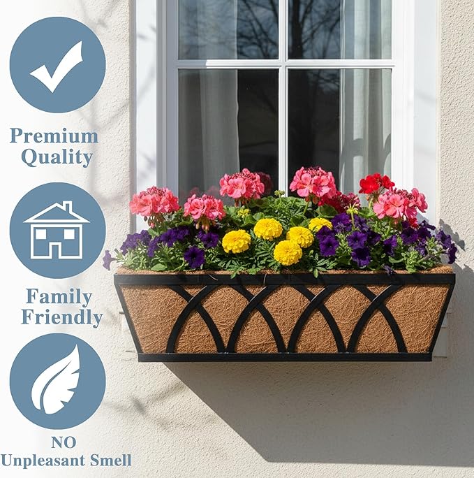 Window Deck Railing Planters Boxes with Coconut Liner, The Bottom Flat Window Boxes Planters Flower Boxes Metal Black Balcony Planter Railing Hanging for Outdoor Fence Porch Patio Lawn(4Pcs 30 Inch)