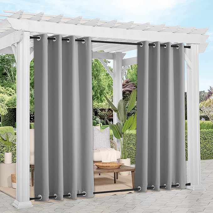 NICETOWN 2 Panels Outdoor Curtains Waterproof Extra Long 108 in for Patio, Windproof Energy Thermal Insulated Saving Rustproof Top and Bottom Grommet Blackout Outdoor Drapes for Porch, Silver Grey