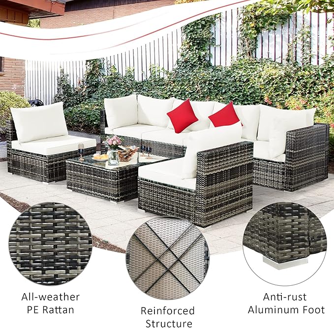 Tangkula 7 Pieces Wicker Patio Furniture Set, All-Weather Outdoor Rattan Sectional Sofa Set with Cushions & Tempered Glass Coffee Table, Outside Sofa Set for Garden, Lawn, Deck, Backyard (White)