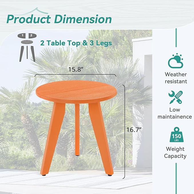 HDPS Outdoor Side Table, Small Round Side Table Weather-Resistant, Outdoor Side Tables for Patio, Porch, Deck, End Table for Plant Stand, Living Room, Bedroom, Orange