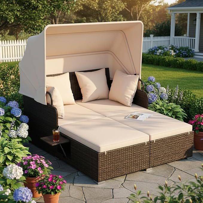 Tangkula Patio Rattan Daybed with Retractable Canopy, Outdoor Wicker Sunbed with 2 Foldable Side Tables, Thick Seat & Back Cushions, Outside Double Daybed for Garden, Backyard, Porch, Beige & Brown